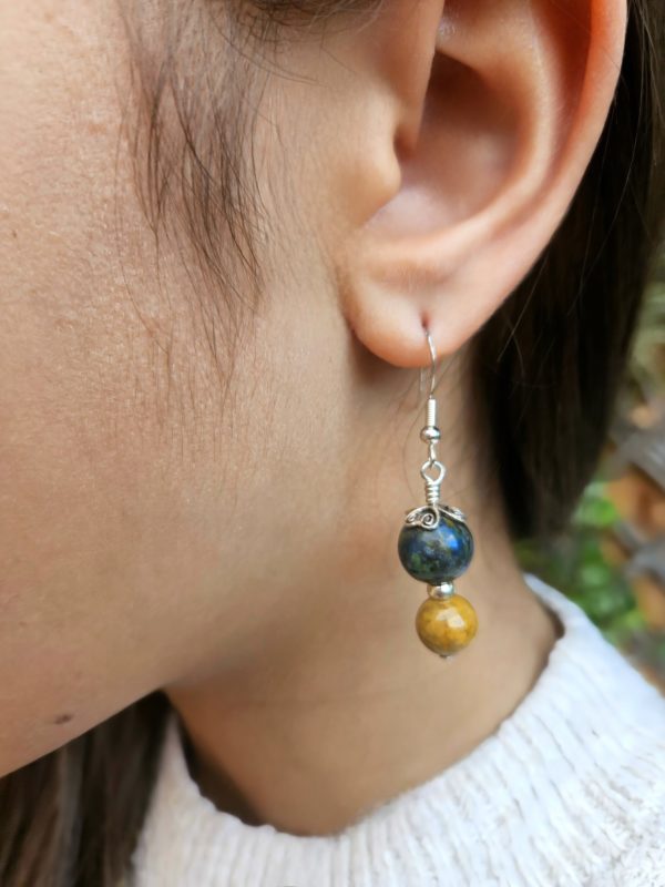 Boucles d’oreilles chrysocolle shattuckite & Jaspe Mokaïte – Argent 925, pierres naturelles – Image 2